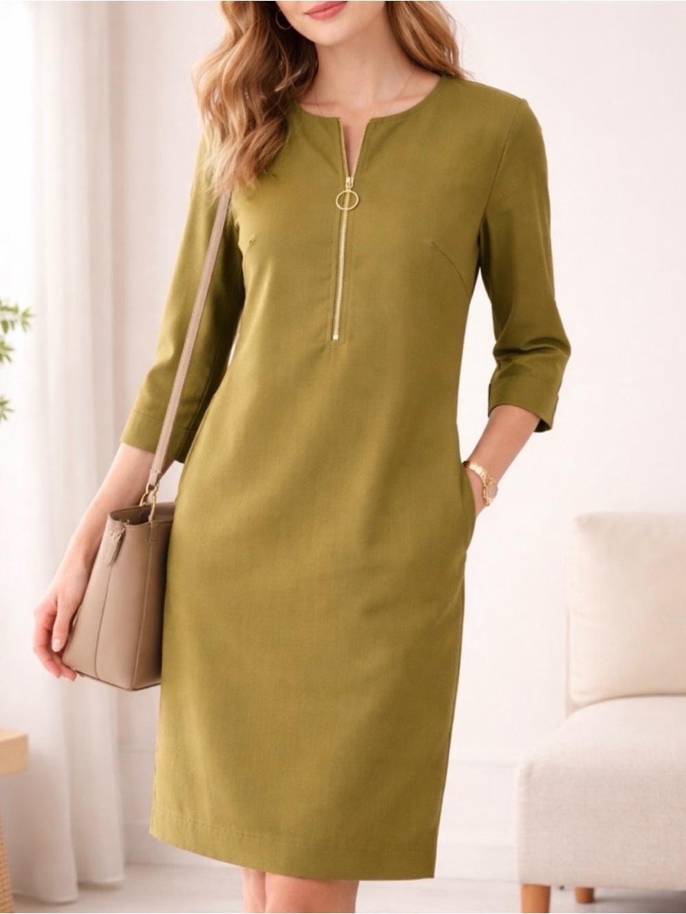 Trina Turk Olive Green Zip-Front Sheath Dress Sz 8